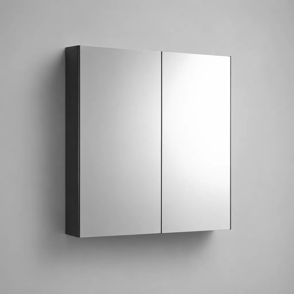 Spiegelschrank Bad mit 2 Spiegeltüren, Aluminium und Spiegelglas, Silber/Schwarz, 60 × 60 × 14 cm