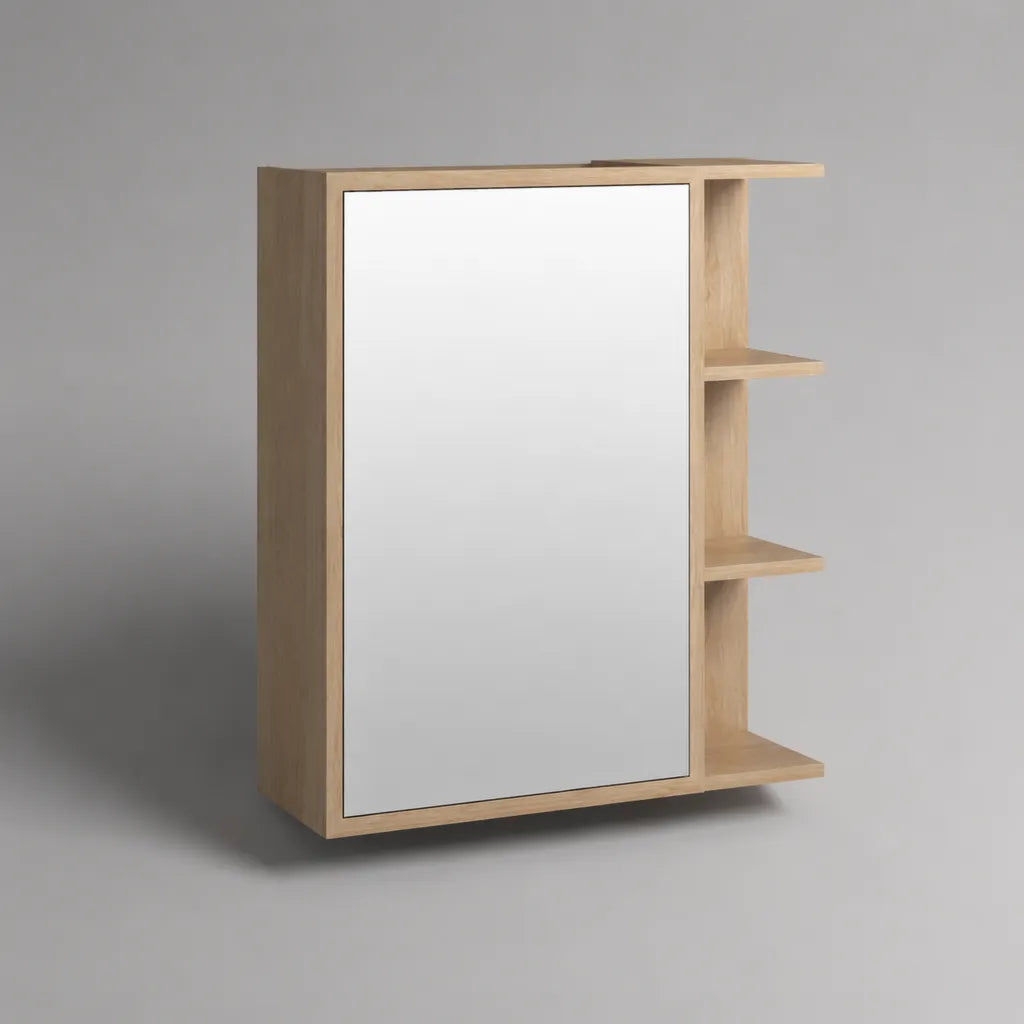 Bad-Spiegelschrank mit Spiegeltür und 3 offenen Ablagefächern, melaminbeschichtete Spanplatte, Eiche Natur, 60 × 70 × 15 cm