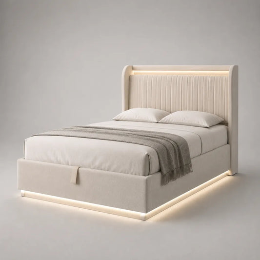 Stauraumbett mit LED-Beleuchtung, Lattenrost, MDF- und Stahlrahmen, Samtbezug, Beige, 160 × 200 cm