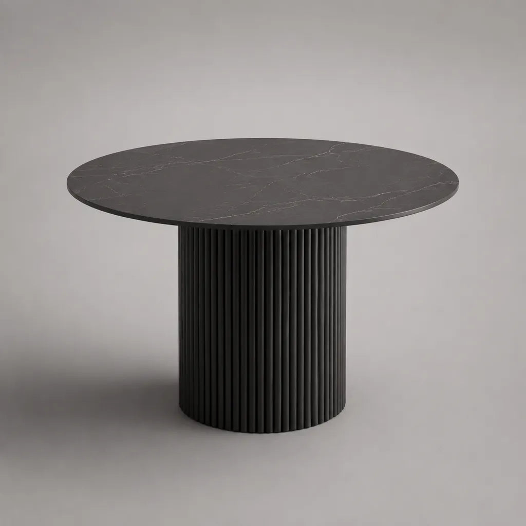 Runder Esstisch mit Sintersteinplatte und geriffeltem MDF-Säulenfuß, Schwarz/Grau, Ø 120 × H 75 cm