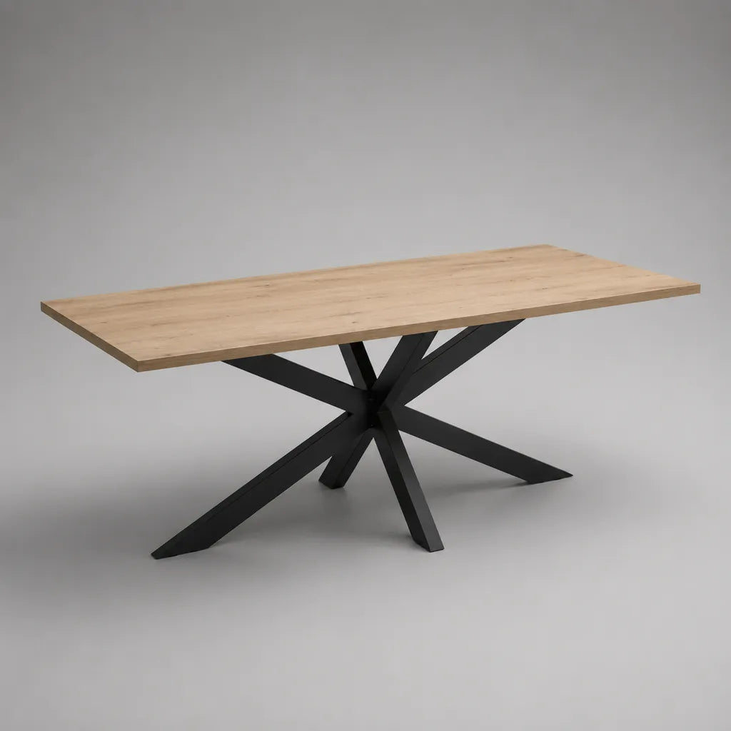 Rechteckiger Esstisch aus MDF mit Eichenfurnier und Stahlgestell, Natur/Schwarz, 180 × 90 × 76 cm