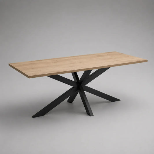 Rechteckiger Esstisch aus MDF mit Eichenfurnier und Stahlgestell, Natur/Schwarz, 180 × 90 × 76 cm