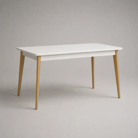 Ausziehbarer Esstisch mit MDF-Tischplatte und Buchenmassivholzbeinen, rechteckig, Weiß/Natur, 120–160 × 80 × 75 cm