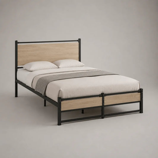 Metallbett Doppelbett mit Kopf- und Fußteil, Stahl und Spanplatte, Schwarz/Natur, Liegefläche 140 × 200 cm