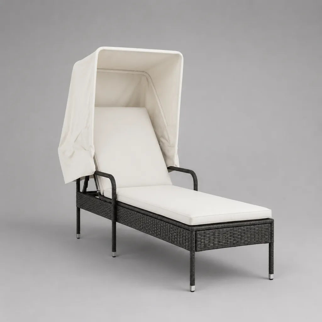 Gartenliege mit verstellbarer Rückenlehne und Sonnendach aus PE-Rattan, Stahl und Polyester, Anthrazit/Cremeweiß, 194 x 65 x 158 cm