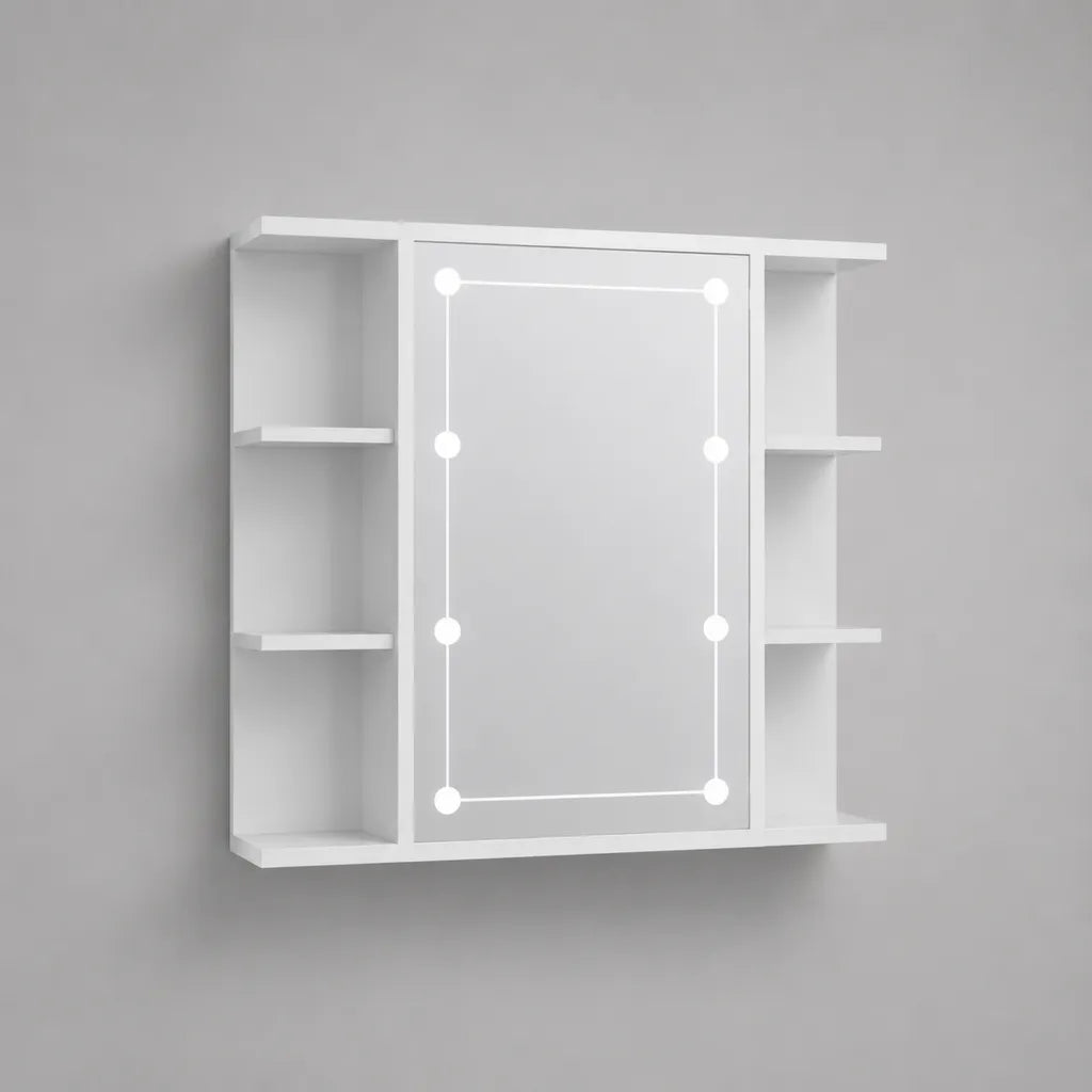 LED-Bad-Spiegelschrank aus MDF mit 6 offenen Fächern, Weiß, 80 × 70 × 15 cm