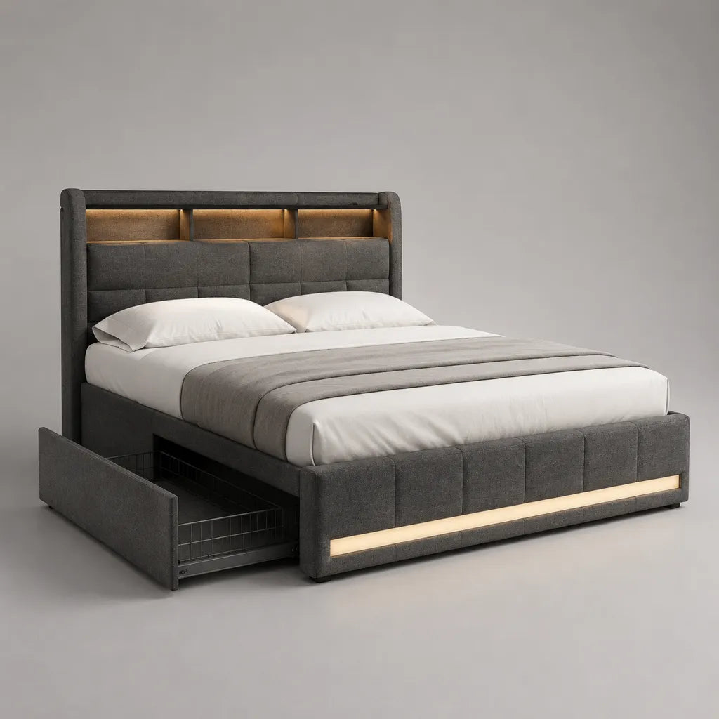 Rechteckiges Polsterbett aus Polyester mit LED-Beleuchtung, Ablagefächern und 2 Schubladen, Dunkelgrau, 180 × 200 cm